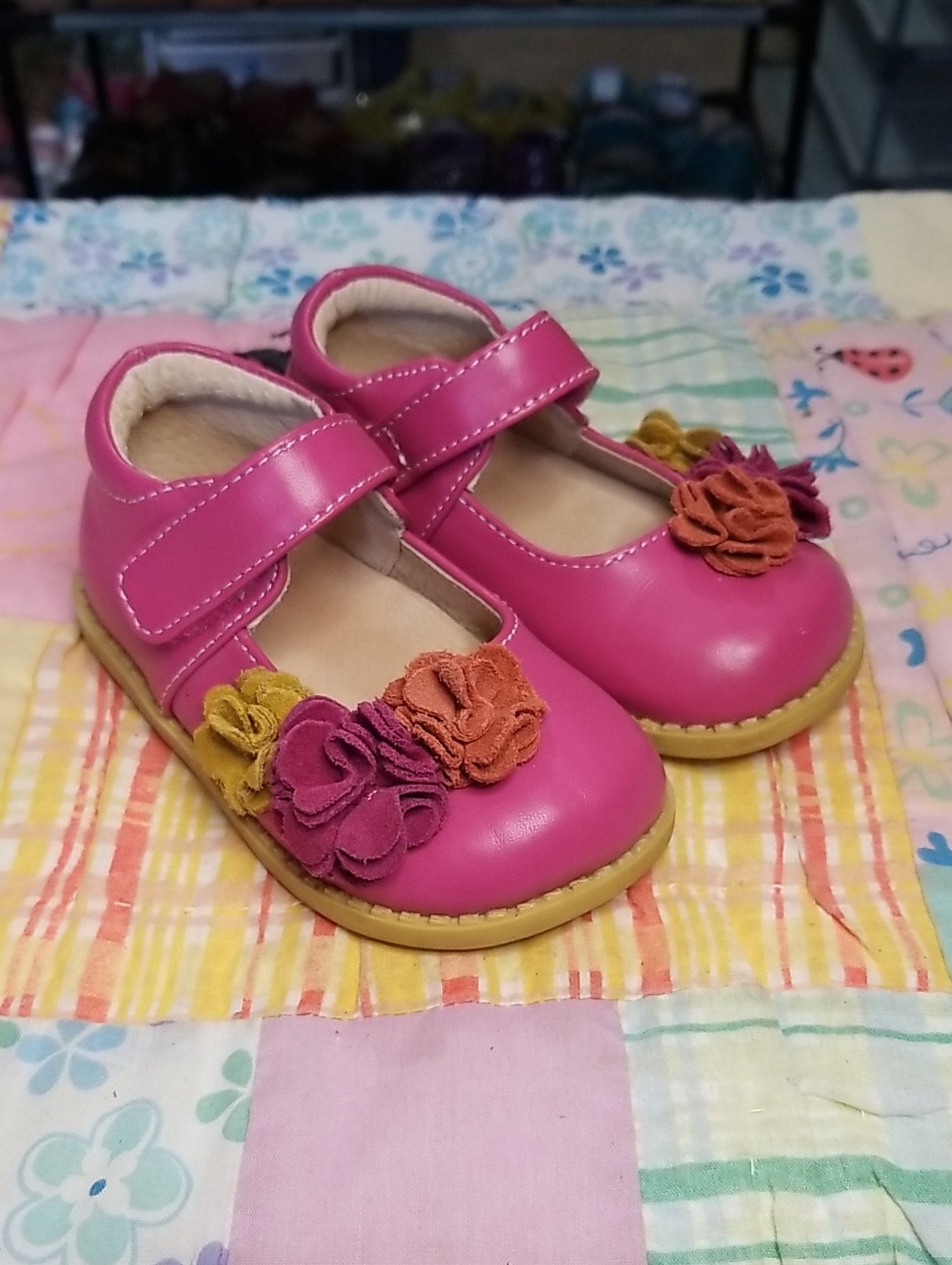 Livie & Luca Bright Pink Leather Mary Jane Shoes with Multicolor Suede Flowers 5